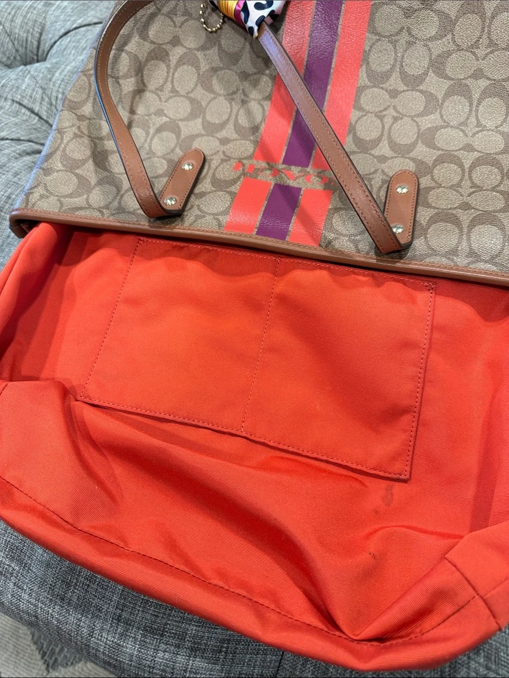 Coach Bag Signature Varsity City Zip Brown Tote with Logo Signature Stripe